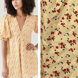 Sokie Collective Yellow Mini Floral Dress Puff Sleeve Size M